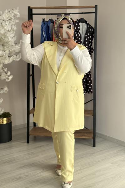 Büyük Beden Yelek Takım Sarı Çizgili Sarı